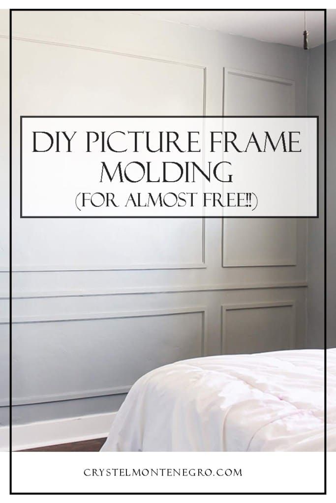 a white bed sitting next to a wall with the words diy picture frame molding for