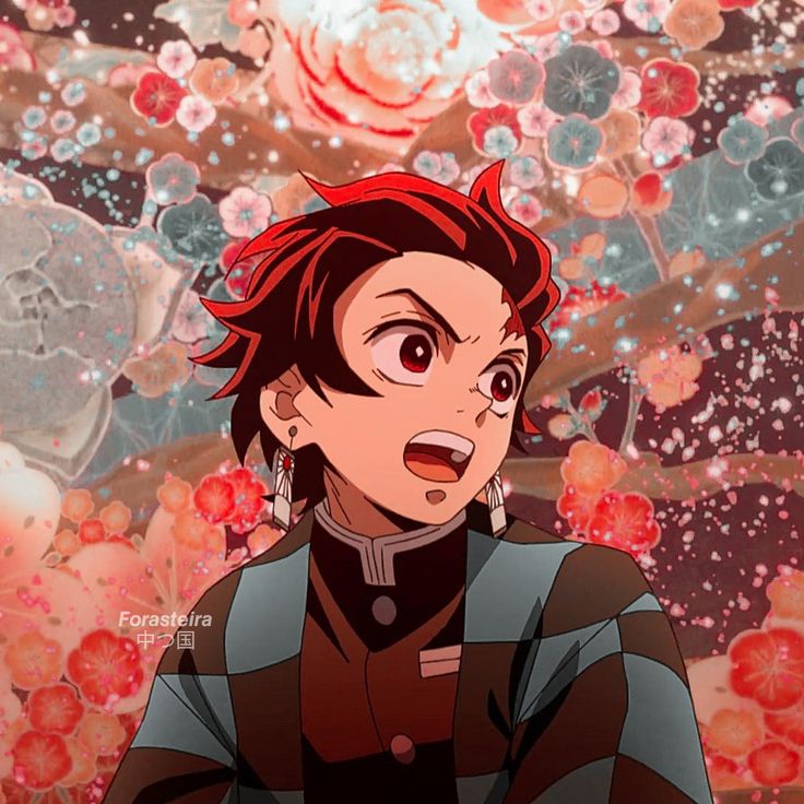 an anime character with red hair standing in front of some bubbles and flowers on the ground