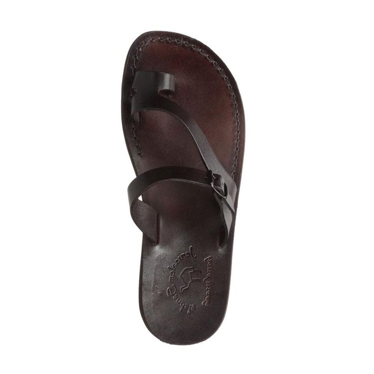 Nuri Brown, handmade leather slide sandals with toe loop - Front View Summer Toe Loop Flip Flops, Toe Ring Sandals With Leather Footbed For Vacation, Beach Toe Loop Sandals With Leather Footbed, Leather Toe Loop Flip Flops For Summer, Summer Double Strap Sandals With Rubber Sole, Beach Toe Ring Sandals With Leather Sole, Summer Slides With Adjustable Single Toe Strap, Summer Footbed Sandals With Single Toe Strap, Adjustable Toe Loop Slides For Summer