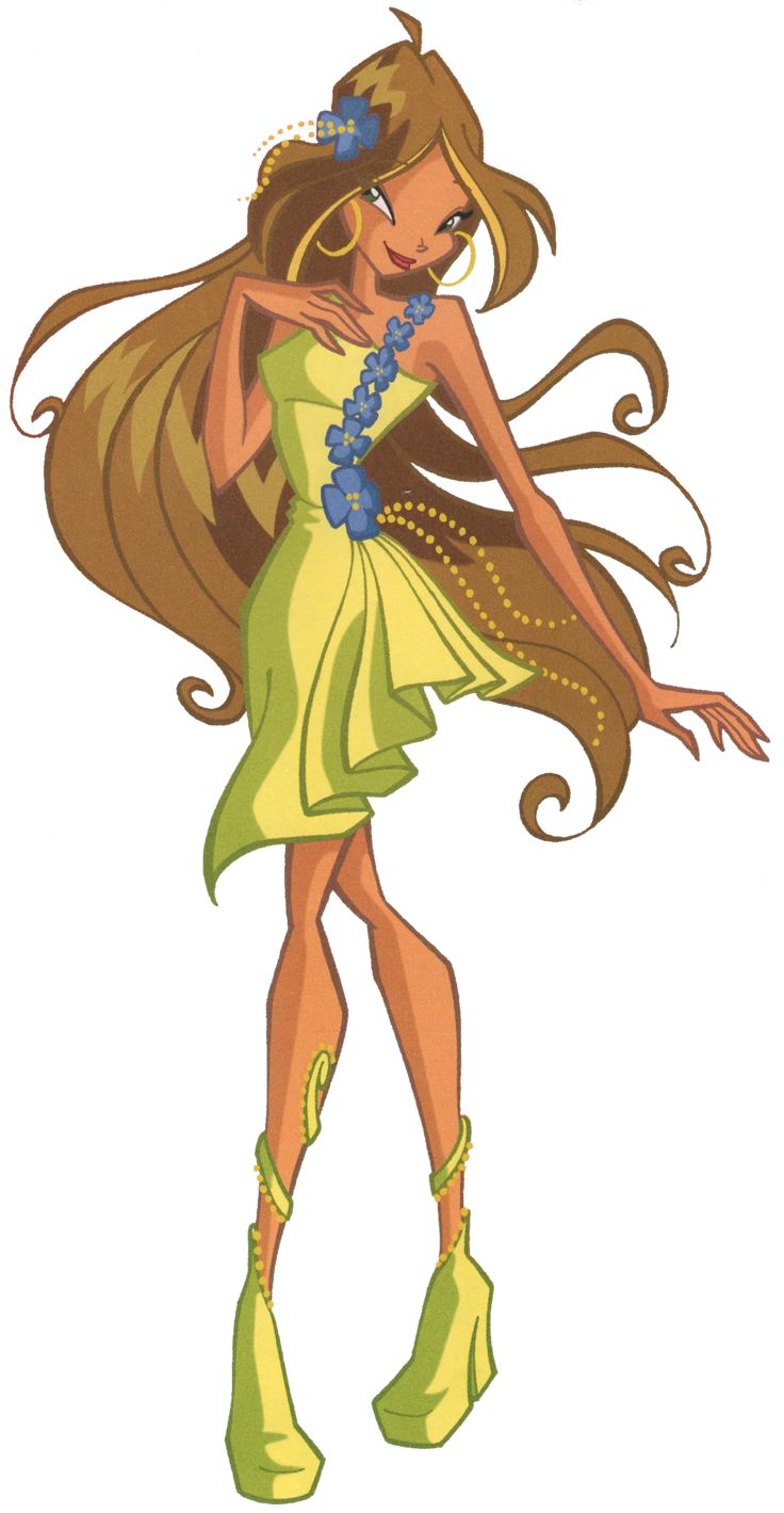 a cartoon girl with long brown hair and green dress, wearing high heeled shoes