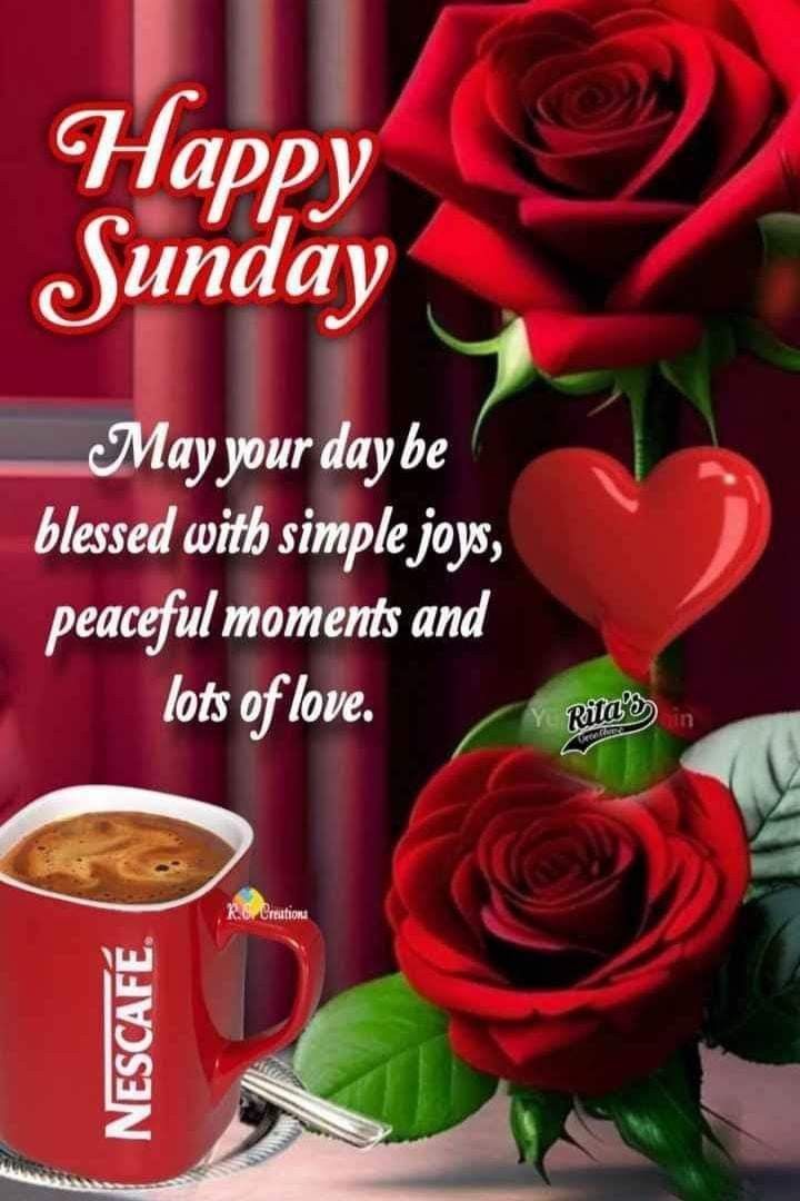 a cup of coffee and two roses on a table with the caption happy sunday may your day be blessed with simple joys, peaceful moments and lots of love