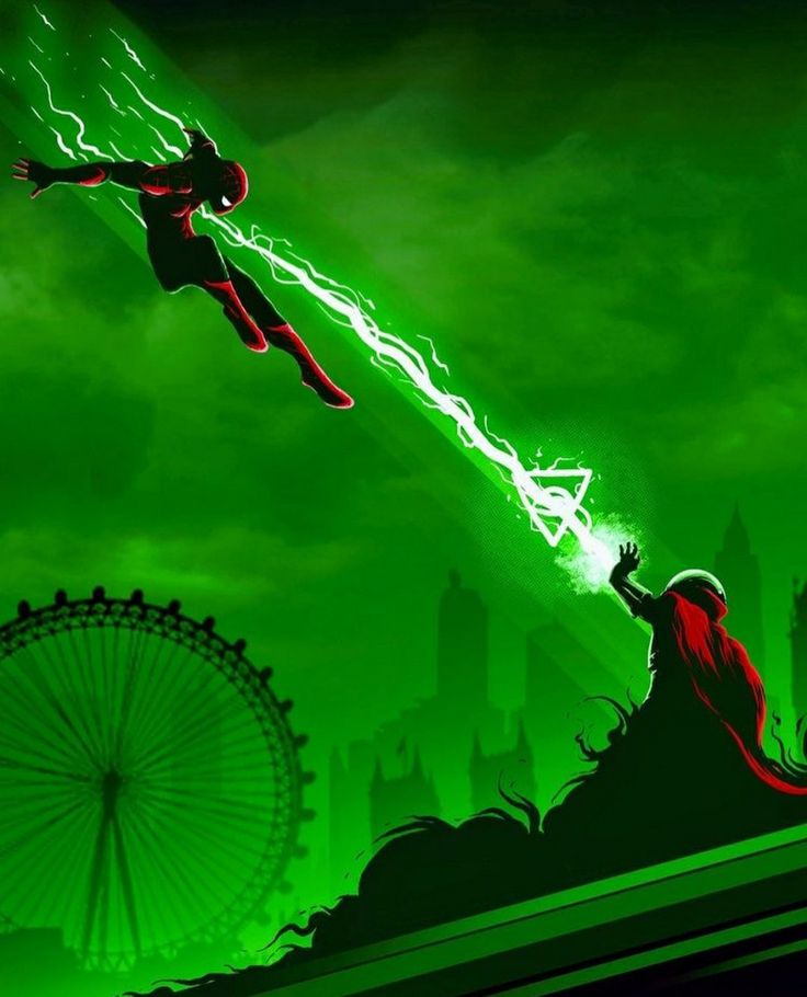 two people flying in the air over a city at night with bright green lightening behind them