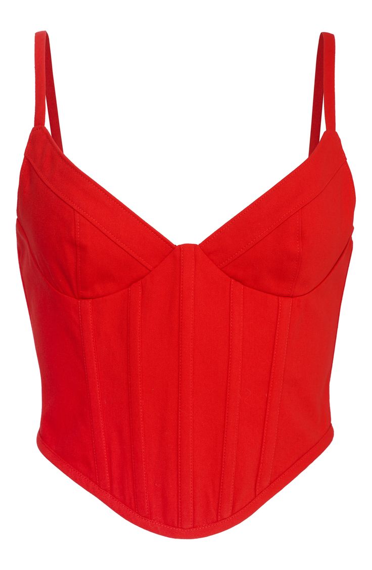 Internal boning and supportive seams lend structure to this subtly cropped corset top. 9 1/2" length (size 8) Exclusive retailer Exposed back-zip closure Deep V-neck Adjustable straps 100% polyester Hand wash, line dry Imported Fitted Cropped Crop Top With Boned Bodice, Fitted Crop Top With Boned Bodice, Red Fitted Corset With Sweetheart Neckline, Fitted Cropped Corset With Corset Back, Summer Red Corset With Straps, Red Underbust Corset For Summer, Red Fitted Top With Boned Bodice, Fitted Elastane Corset With Boned Bodice, Fitted Corset With Boned Bodice And Elastane Material