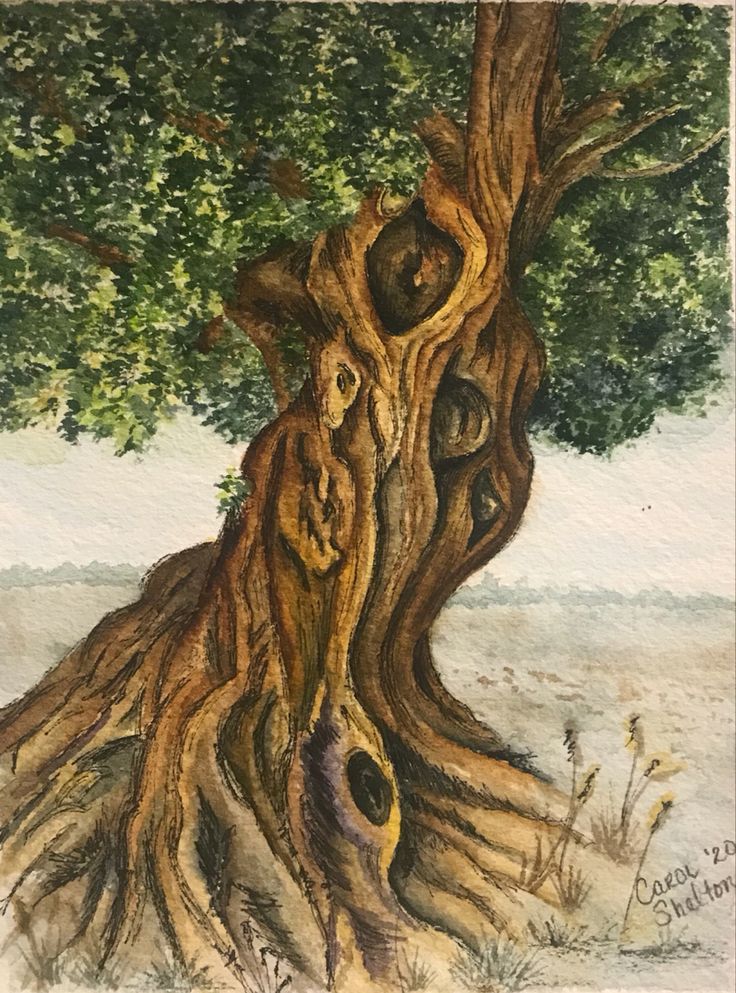 a drawing of a tree with many faces on it's face and roots in the ground