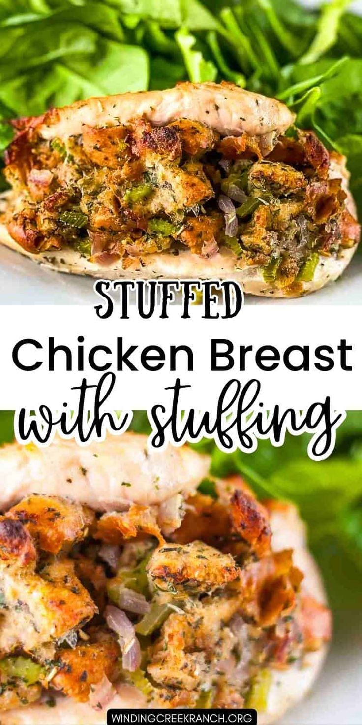 stuffed chicken breast with stuffing is shown in two separate images and the words stuffed chicken breast with stuffing above it