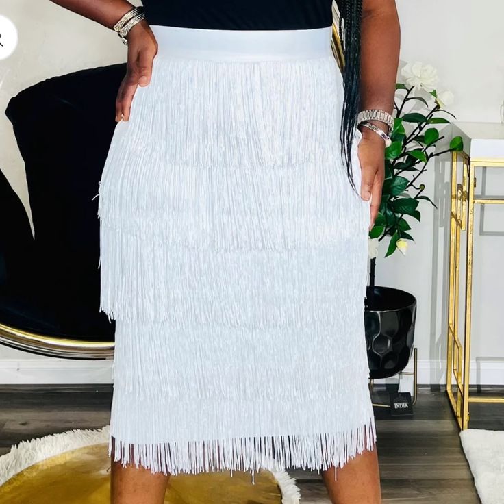 Cute High Waist Layered Fringed Midi Skirt! Has Back Zipper Closure! 30% Cotton 70% Polyester! #On&Poppin! Fringe Skirt, Women Skirts Midi, White Color, Midi Skirt, Womens Skirt, High Waist, Color White, High Waisted, Zipper