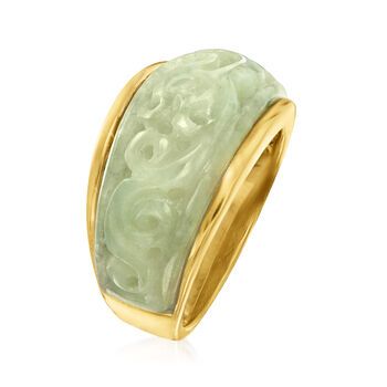 Ross-Simons - Carved Jade Ring in 18kt Gold Over Sterling. Size 5. With its gorgeous signature hue and calming aura, jade is a favorite among style seekers. On this ring, 23x10mm jade is beautifully carved and set in polished 18kt yellow gold over sterling silver with glossy prominent borders that add a classic look. 1/2" wide. Jade ring. Formal Carved Fine Jewelry Rings, Classic Jade Rings For Formal Occasions, Green Carved Rings For Formal Occasions, Fine Jewelry Jade Ring For Formal Occasions, Formal Fine Jewelry Jade Rings, Formal Carved Green Ring, Elegant Formal Jade Rings, Formal Jade Rings Fine Jewelry, Formal Green Carved Ring