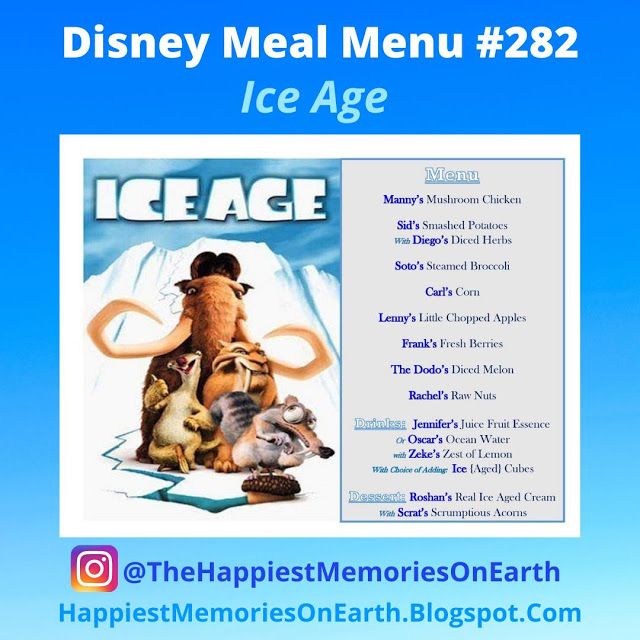 an ice age movie poster with the title disney meal menu 282