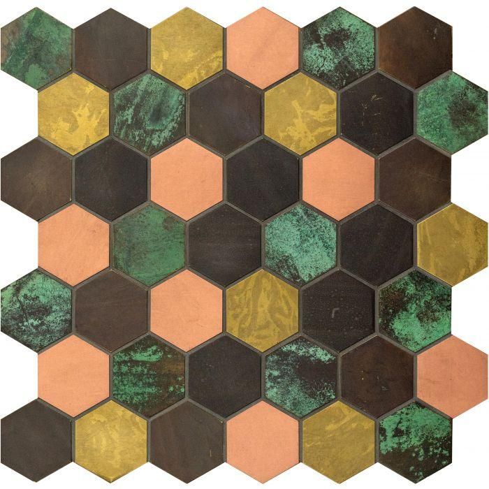 an assortment of hexagonal tiles with different colors and shapes on them, all in various sizes