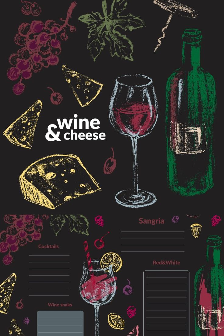 a wine and cheese menu on a blackboard with different types of wines in glasses