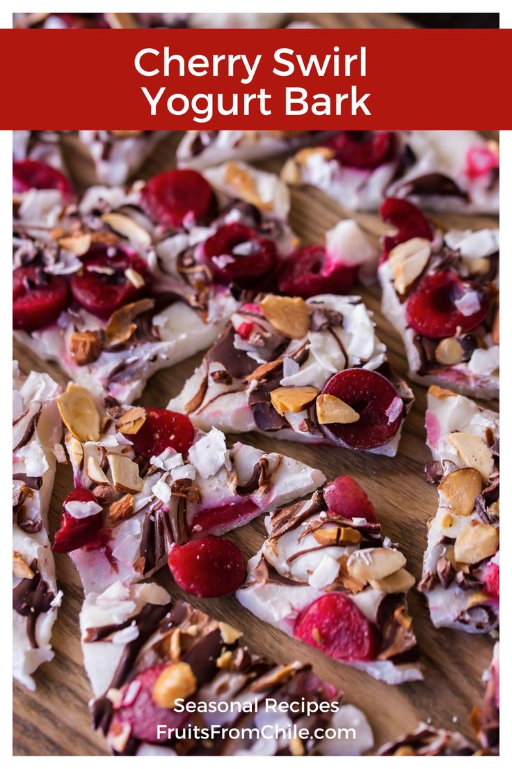 cherry, almond and yogurt bark on a cutting board with text overlay