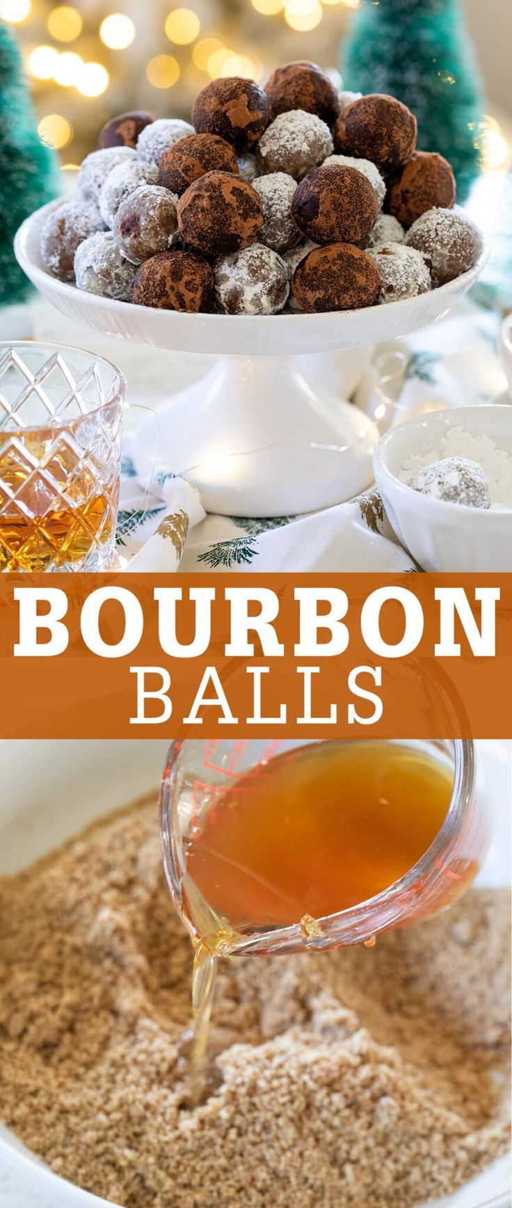 bourbon balls are being poured into a white bowl with orange liquid in it and the words bourbon balls above them