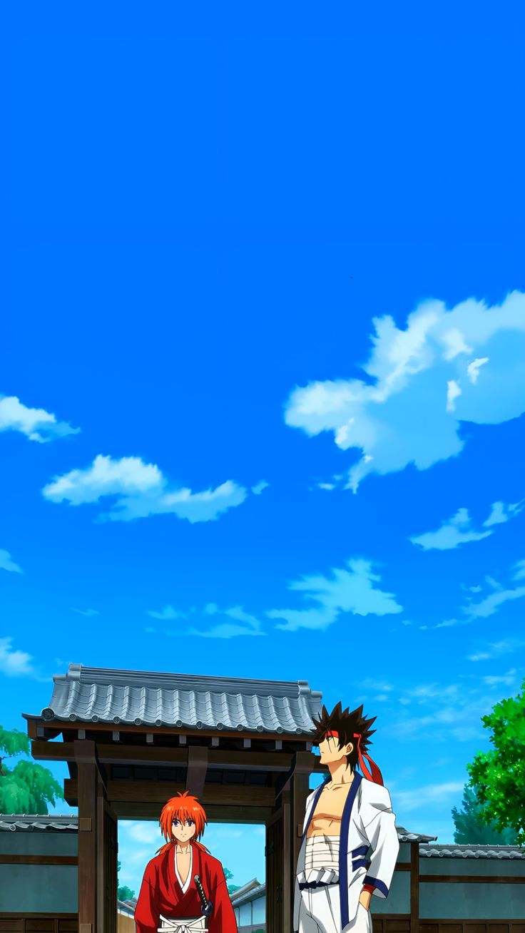 two anime characters standing in front of a blue sky