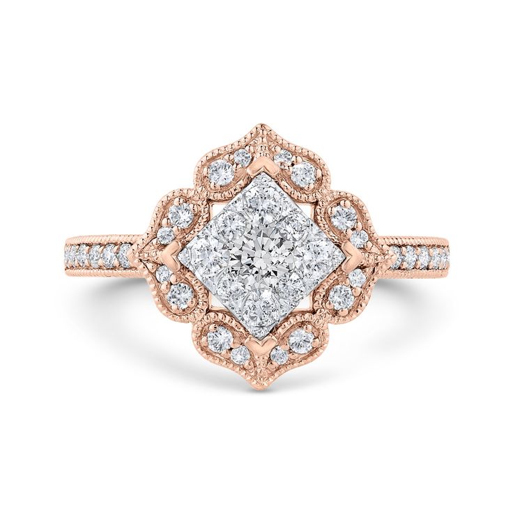 14K Rose Gold and Diamond Flower Design Diamond Cluster Engagement Ring Flower Shaped Engagement Ring, Square Cut Engagement Rings, Opal Ring Vintage, Square Engagement Rings, White Gold Bridal Set, Eternity Engagement Ring, Flower Halo, Diamond Cluster Engagement Ring, Diamond Promise Rings