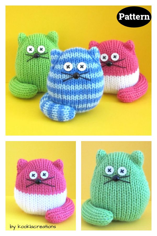 three knitted cats sitting next to each other on a yellow and green background with the caption pattern