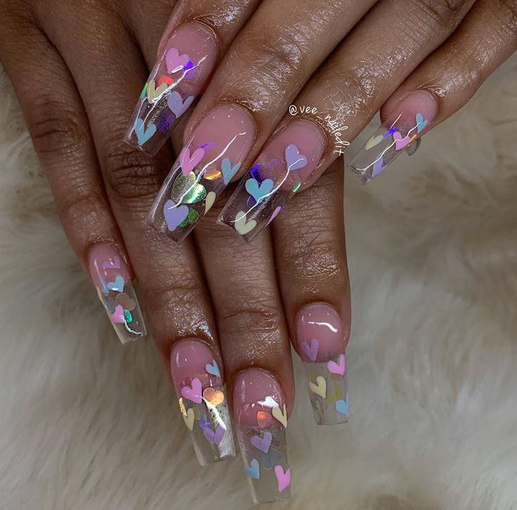 Vee Mendoza | Nail Artist on Instagram: “Sooo cute, Happy Valentine’s Day 💕⁣ •⁣ @youngnailsinc ⁣ “Girl Gang” + “Speed clear” ⁣ Confetti hearts & Mission control gel paints for nail…” Vee Mendoza, Clear Acrylic Nails, Confetti Nails, Valentines Day Nails, Bunny Nails, Mission Control, Sassy Nails, Polygel Nails, Classy Acrylic Nails