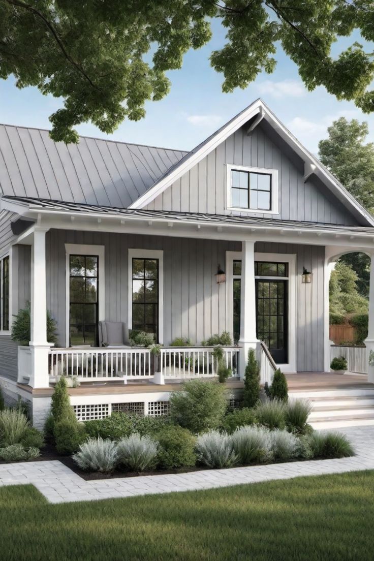 A charming gray cottage with a front porch and well-maintained garden. Small White And Black House, Types Of House Styles Exterior, Scandinavian Exterior House Colors, White Exterior Windows, Farmhouse Siding Exterior, Board And Batten Siding Colors, Modern Farmhouse Color Scheme, Exterior House Colors Farmhouse, Boho Exterior House