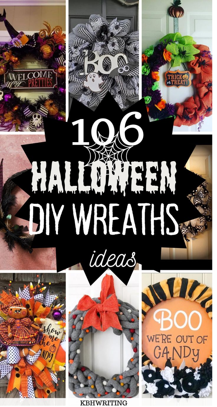 a collage of halloween wreaths and decorations