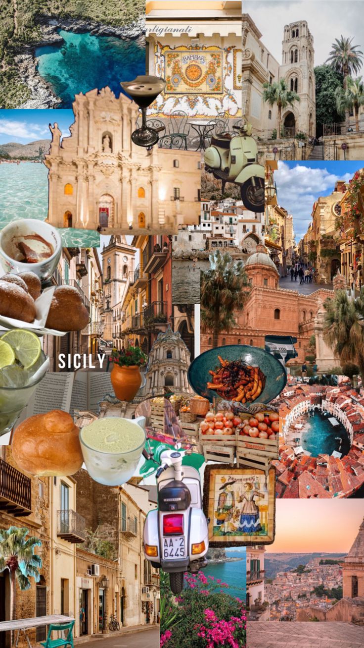 the collage shows many different things in this photo, including food and drink items