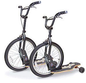 two black and white bikes with wheels on them