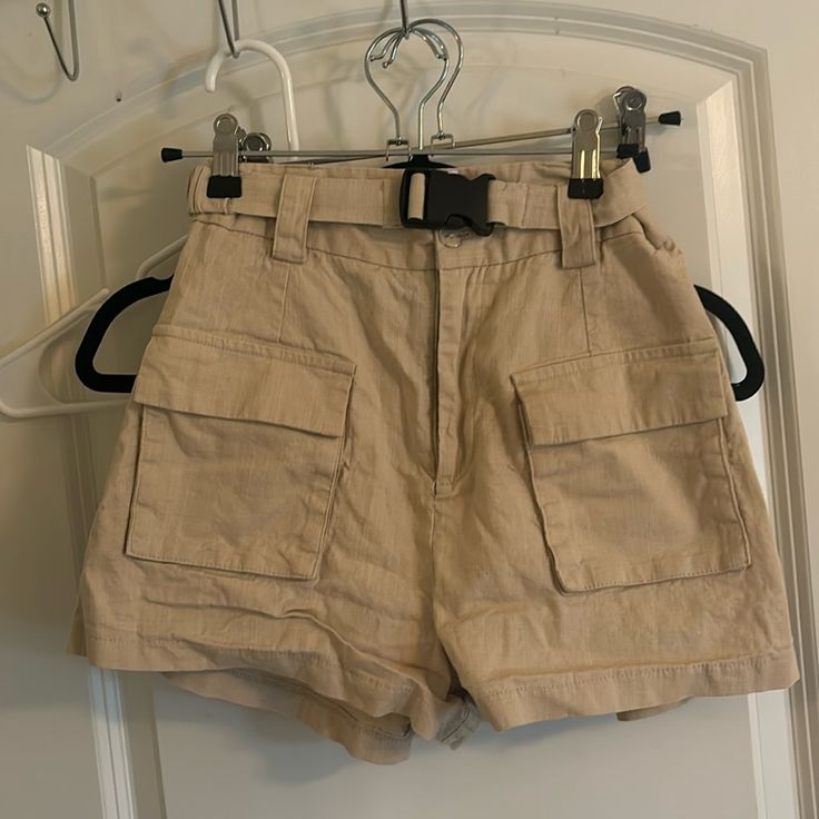 Never Worn Perfect Condition Size 4 Buckle Up And Zip Casual Beige Cargo Shorts With Belt Loops, Trendy Beige High-waisted Shorts, Trendy Beige Shorts With Pockets, High-waisted Khaki Cargo Shorts For Spring, High Waist Khaki Cargo Shorts For Spring, Beige Summer Bottoms With Pockets, Neutral High Waist Bottoms With Belt Loops, High Waist Bottoms With Belt Loops In Neutral Color, Summer Beige Bottoms With Pockets