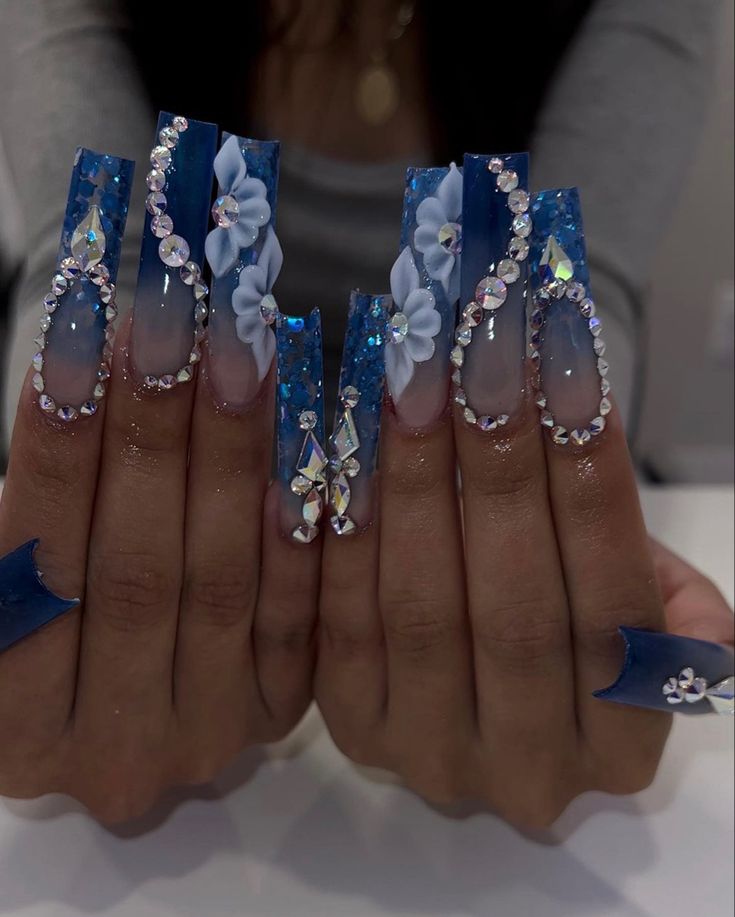 Blue Diamond Nails, Sweet 16 Nails, Blue Prom Nails, Mexican Nails, Quinceanera Nails, Nail 2023, Bridal Nail, Blue Glitter Nails, Classy Nail