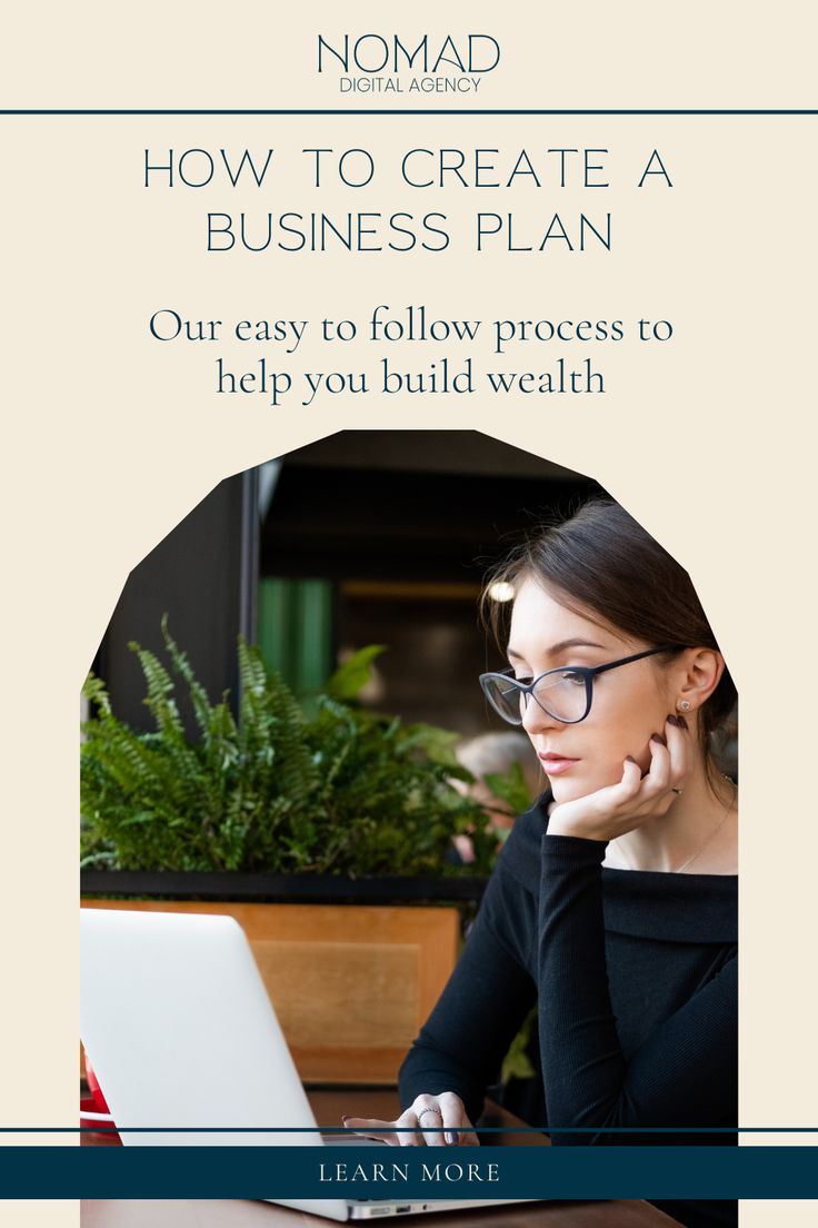 a woman sitting at a desk with a laptop computer in front of her and the words, nomad how to create a business plan our easy to follow process to help you build