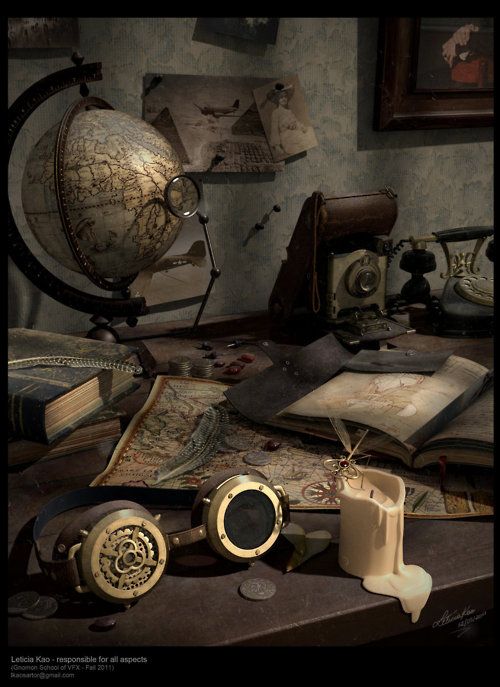 an old desk with various items on it and a globe in the corner behind it