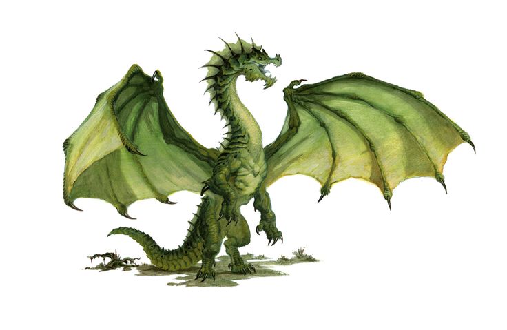 a green dragon with large wings standing on one leg and its tail spread wide open