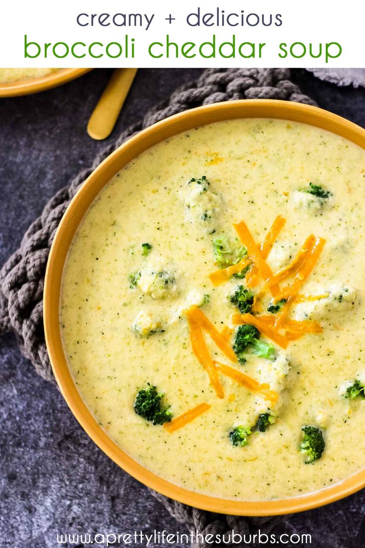 broccoli cheddar soup in a yellow bowl