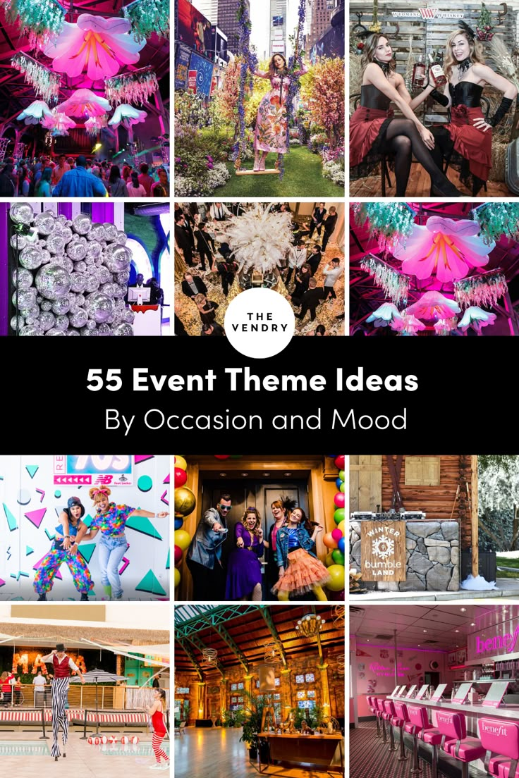 event ideas, event themes, event inspiration, a list of event decor Themes For Events Creative Ideas, Big Party Themes, Business Party Theme Ideas, Party Themes For Work Events, Calendar Party Table Themes, Work Party Themes Events, Grand Opening Theme Ideas, Table Themes Ideas Fun, Event Ideas For Small Business