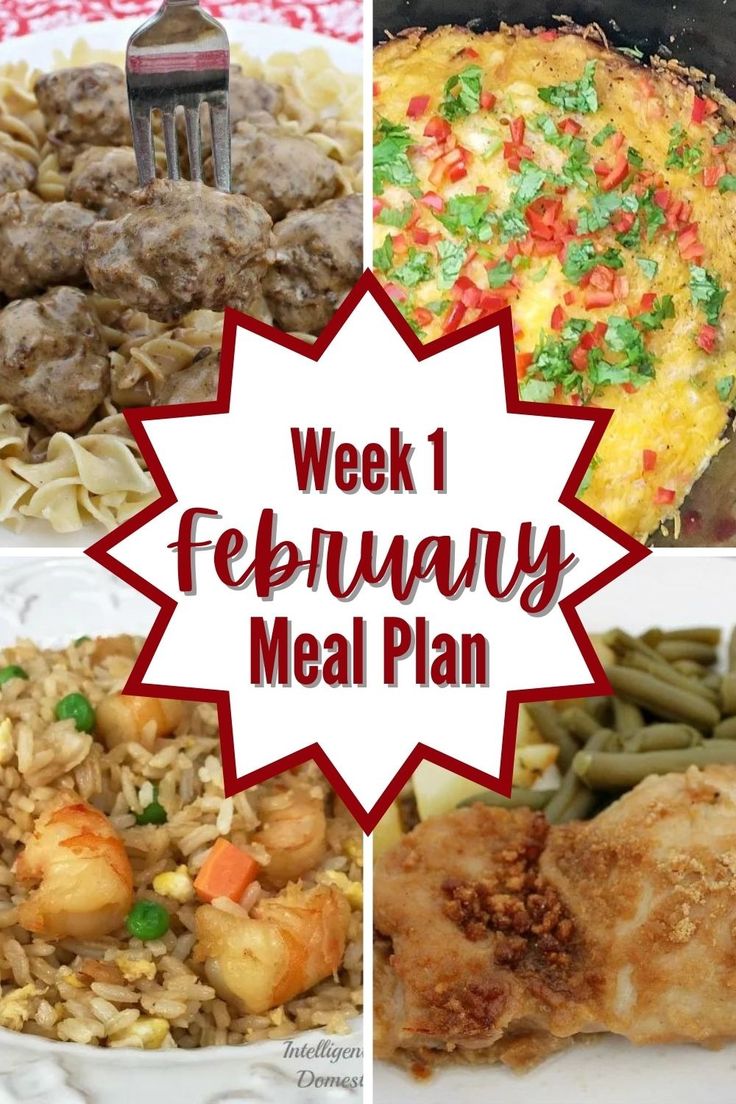 four different pictures with the words week 1 february meal plan