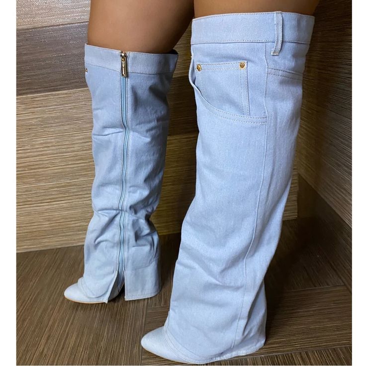 Limited Edition Denim Falkon Boots Memory Foam Padding No Restock Casual Denim High Heel Boots, Summer Blue Denim Boots, Casual High Heel Denim Boots, Chic Blue Denim Boots, Denim Boots Diy, Thigh High Platform Boots, Denim Slides, Boots Diy, Tommy Hilfiger Boots