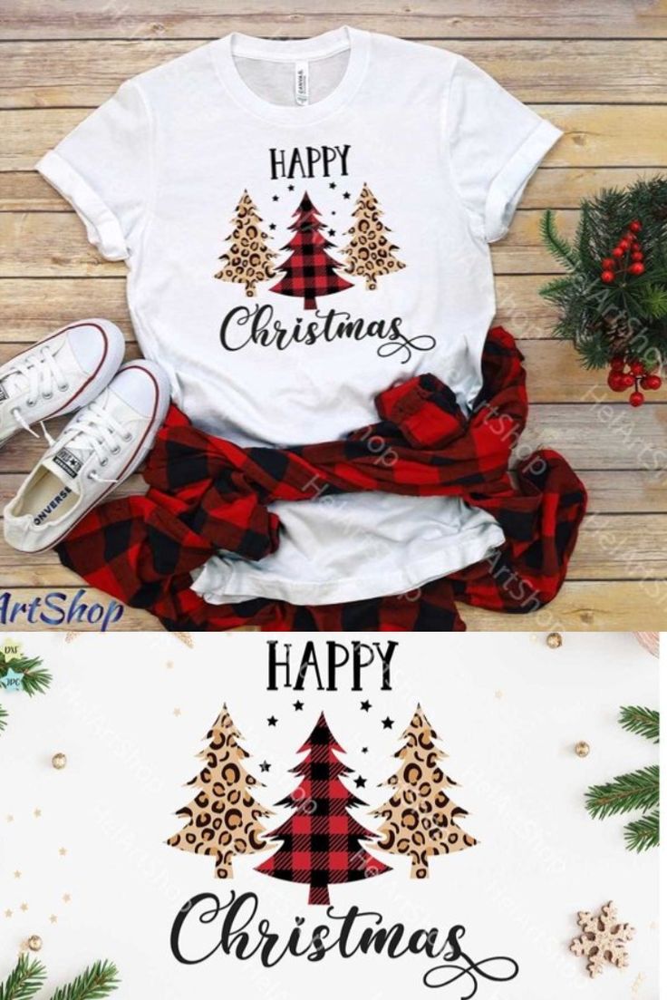 two t - shirts with christmas trees on them, one is white and the other is red