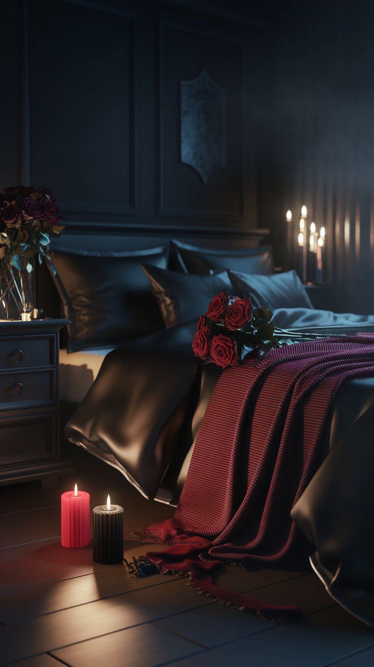 a bed with black sheets and red roses on it, next to a lit candle