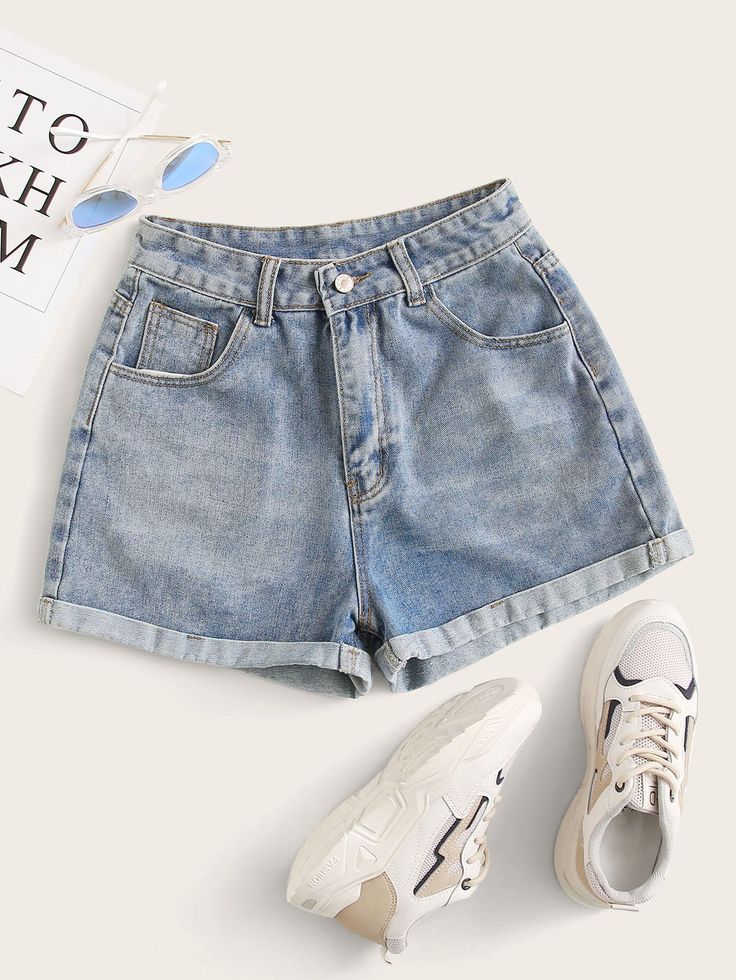 Blue  Collar  Denim Plain Straight Leg Embellished Non-Stretch  Women Denim Cuffed Denim Shorts, High Rise Denim Shorts, Shorts Jeans, Rolled Hem, Denim Shorts Women, High Rise Denim, Short En Jean, Blue Shorts, Denim Fabric