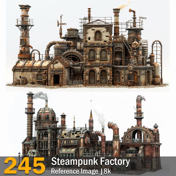 Steampunk Factory | Reference Images | 8K,  on ArtStation at https://www.artstation.com/artwork/Evl2D8 Steam Punk Factory, Steam Punk City, Factory Architecture Industrial Facade, Steampunk Tower, Steampunk Environment, Steampunk Castle, Steampunk Factory, Steampunk Cowboy, Victorian Factory