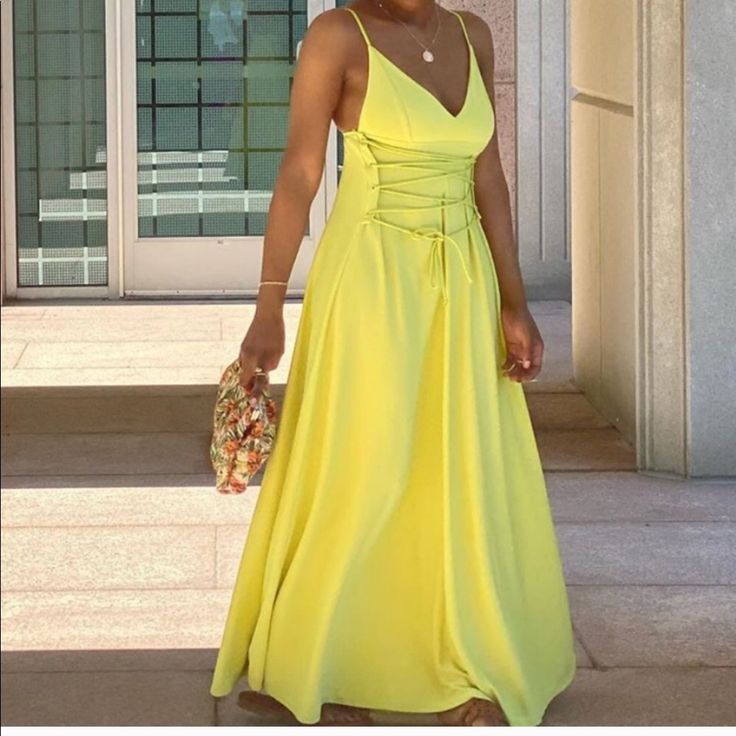 Lime Green V- Neck Dress With Spaghetti Straps. Chic Spring Strappy Maxi Dress, Summer Evening Dresses With Spaghetti Straps, Strappy Dresses For Spring Day Out, Spring Strappy Dresses For A Day Out, Spring Day Out Strappy Dresses, Spring Strappy Dress, Spring Strappy Lined Dresses, Lined Strappy Spring Dresses, Summer Sundress For Spring Evening