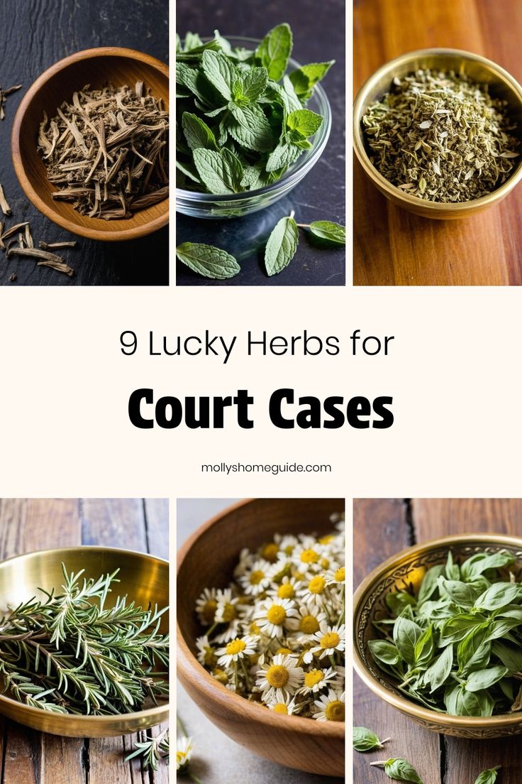 four different bowls filled with herbs on top of a wooden table and the words, 9 lucky herbs for court cases