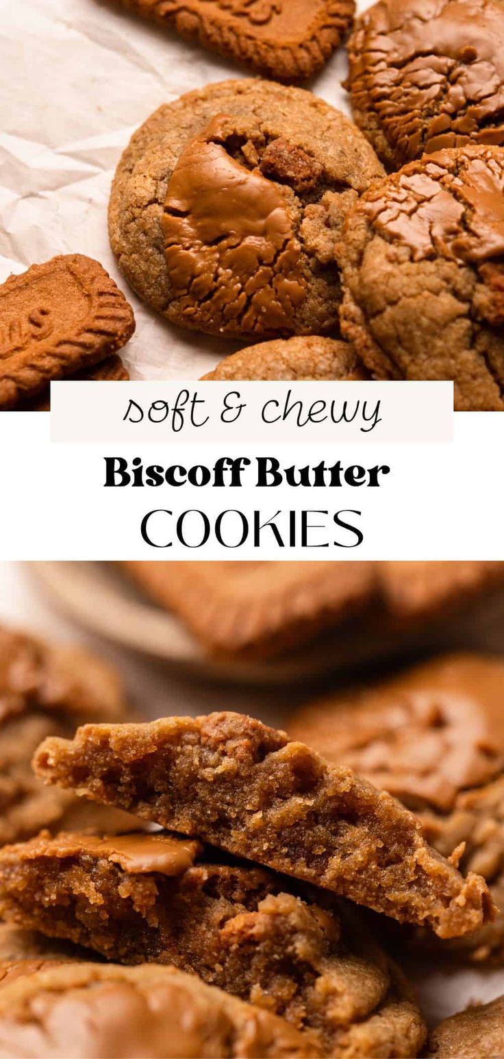 soft and chewy biscuit butter cookies are stacked on top of each other in front of the cookie