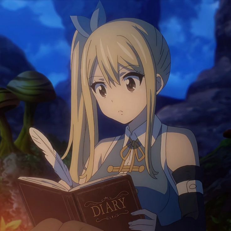 an anime character holding a book in her hands