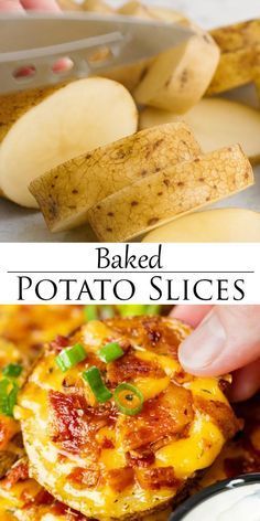 baked potato slices with cheese and green onions in the foreground, and on the right side