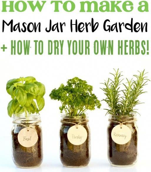 three mason jars with herbs in them and the words how to make a mason jar herb garden