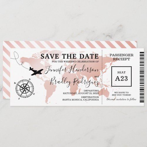 save the date boarding card with an airplane and map on it, in pink and white