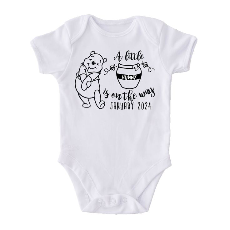 A little hunny is on the way! Share your sweet announcement with this adorable baby onesie®. Our white infant bodysuits are made with 100% Cotton official Gerber Onesies® brand bodysuits. Available in short or long sleeves. See size chart in Details tab below. Baby Announcement Onesie, Pregnancy Announcement Onesie, Winnie The Pooh Nursery, Winnie The Pooh Themes, Disney Baby Shower, Newborn Onesies, Baby Shower Outfit, Baby Body, Pregnancy Reveals