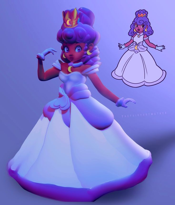 an animated image of a woman in a white dress with purple hair wearing a tiara