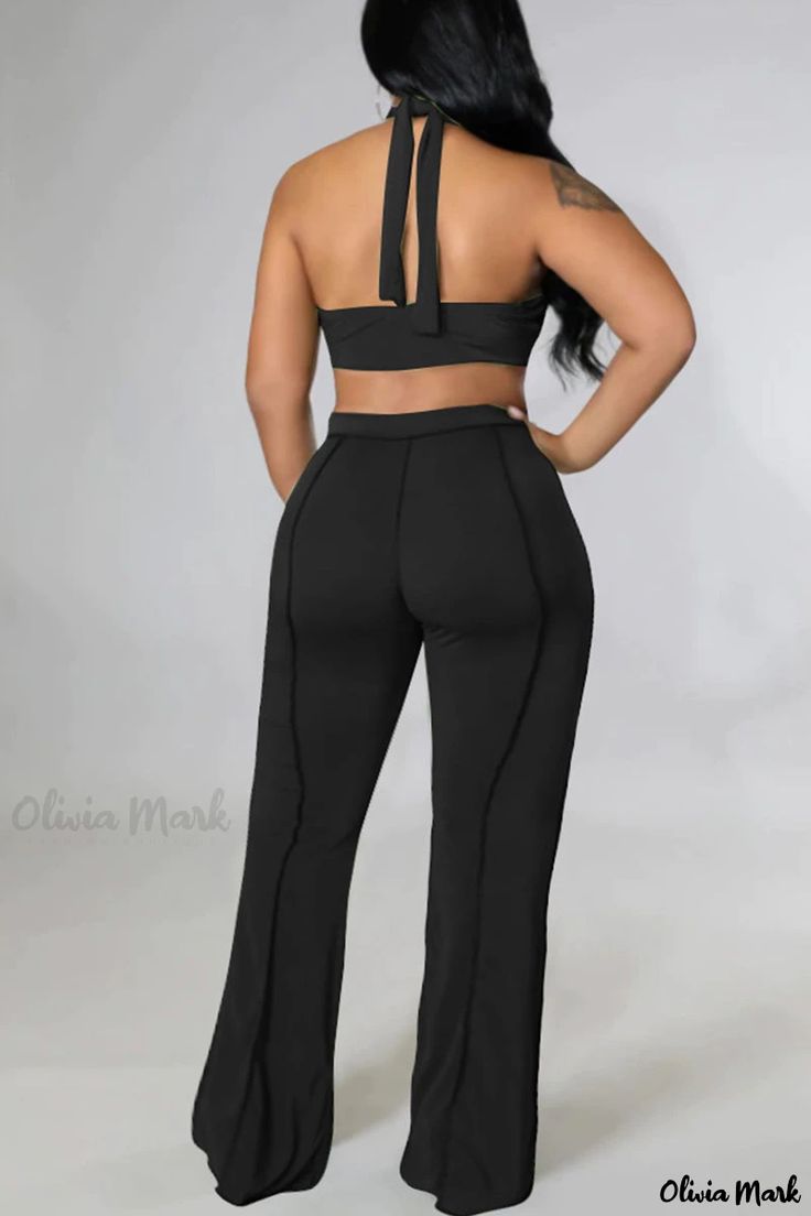 Olivia Mark - Stylish Tangerine Red Plus Size Two-Piece Set with Asymmetrical Halter and Backless Design Elegante Y Chic, Look Casual Chic, Straight Clothes, Sleeveless Suit, Black Two Piece, Sleeveless Outfit, Plus Size Two Piece, Halter Tops, Stylish Plus