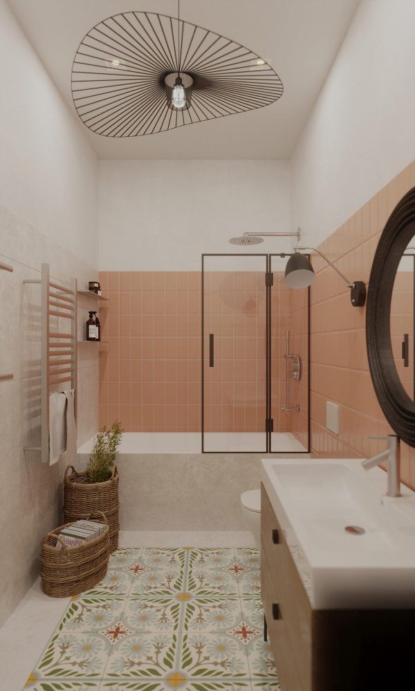 a bathroom with a sink, mirror and shower stall in the middle of the room