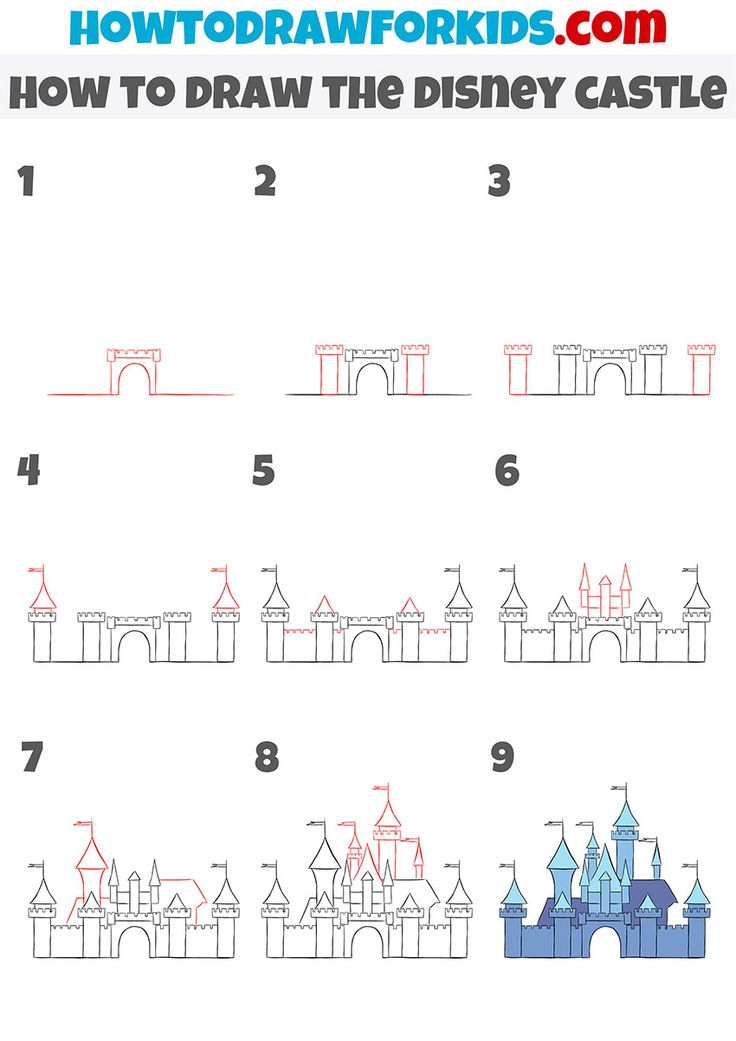 how to draw the disney castle for kids with numbers and letters on it, including one line