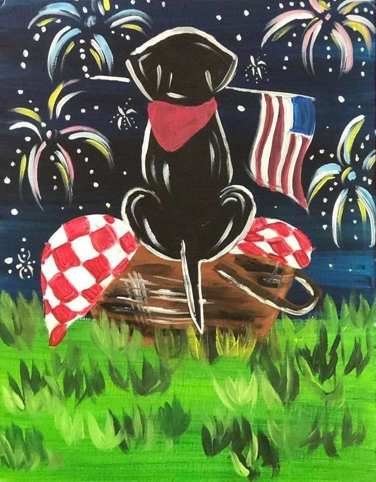 a painting of a dog sitting on a log with an american flag and fireworks in the background